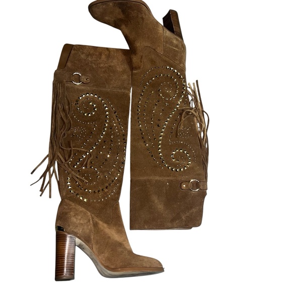 Michael Kors Elegant Brown Suede Chunky Heeled Boots with Fringe & Studs size 8 - Picture 1 of 8